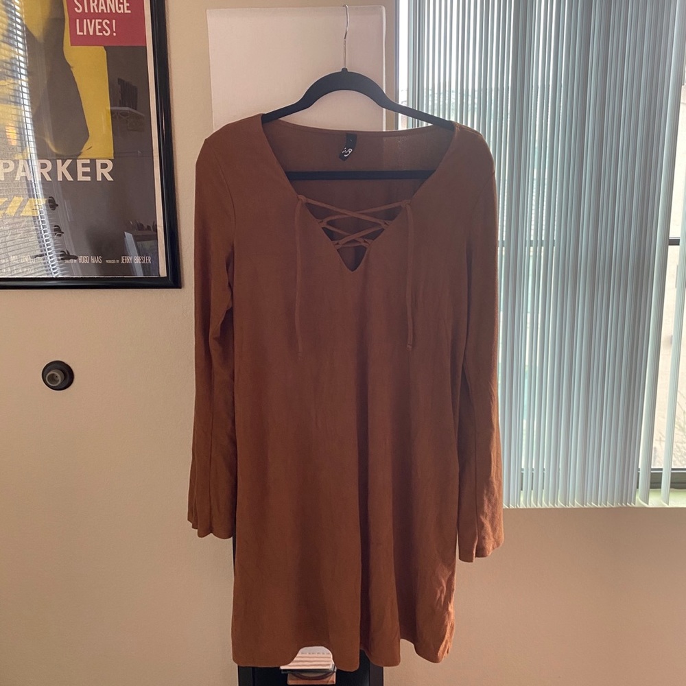 Lace up faux suede dress.